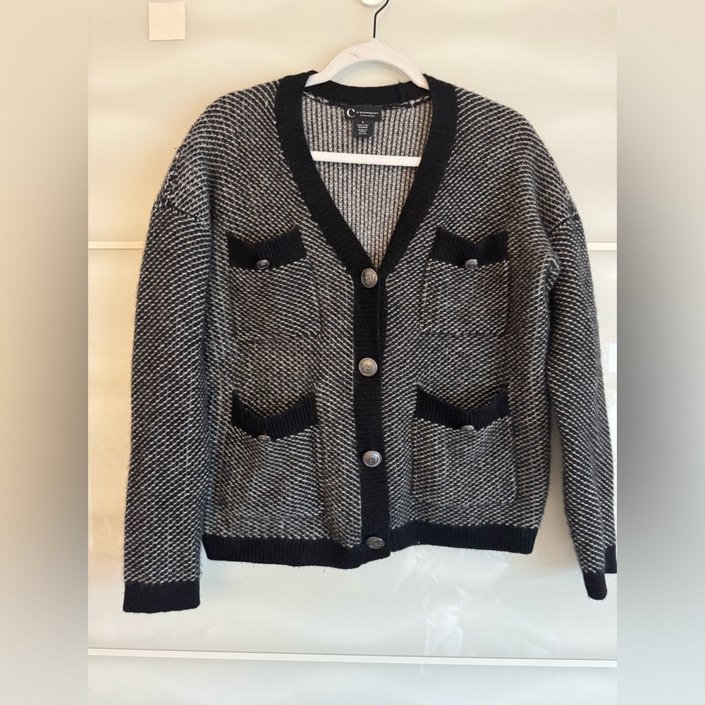 Bloomingdales 2 ply cashmere cardigan black and white contrast pocket small